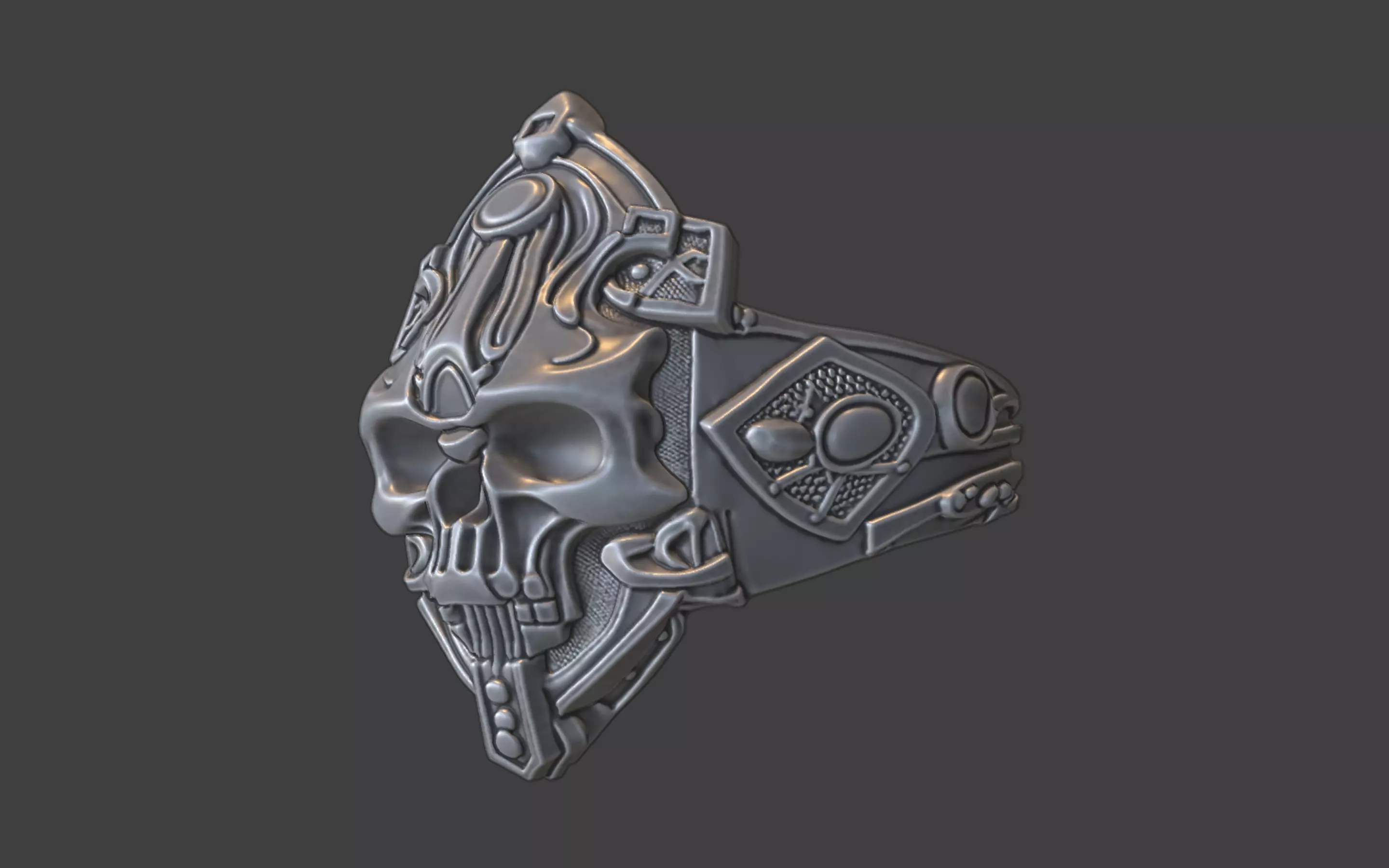 Compact Ornate Silver Human Skull Ring 3D print model_2