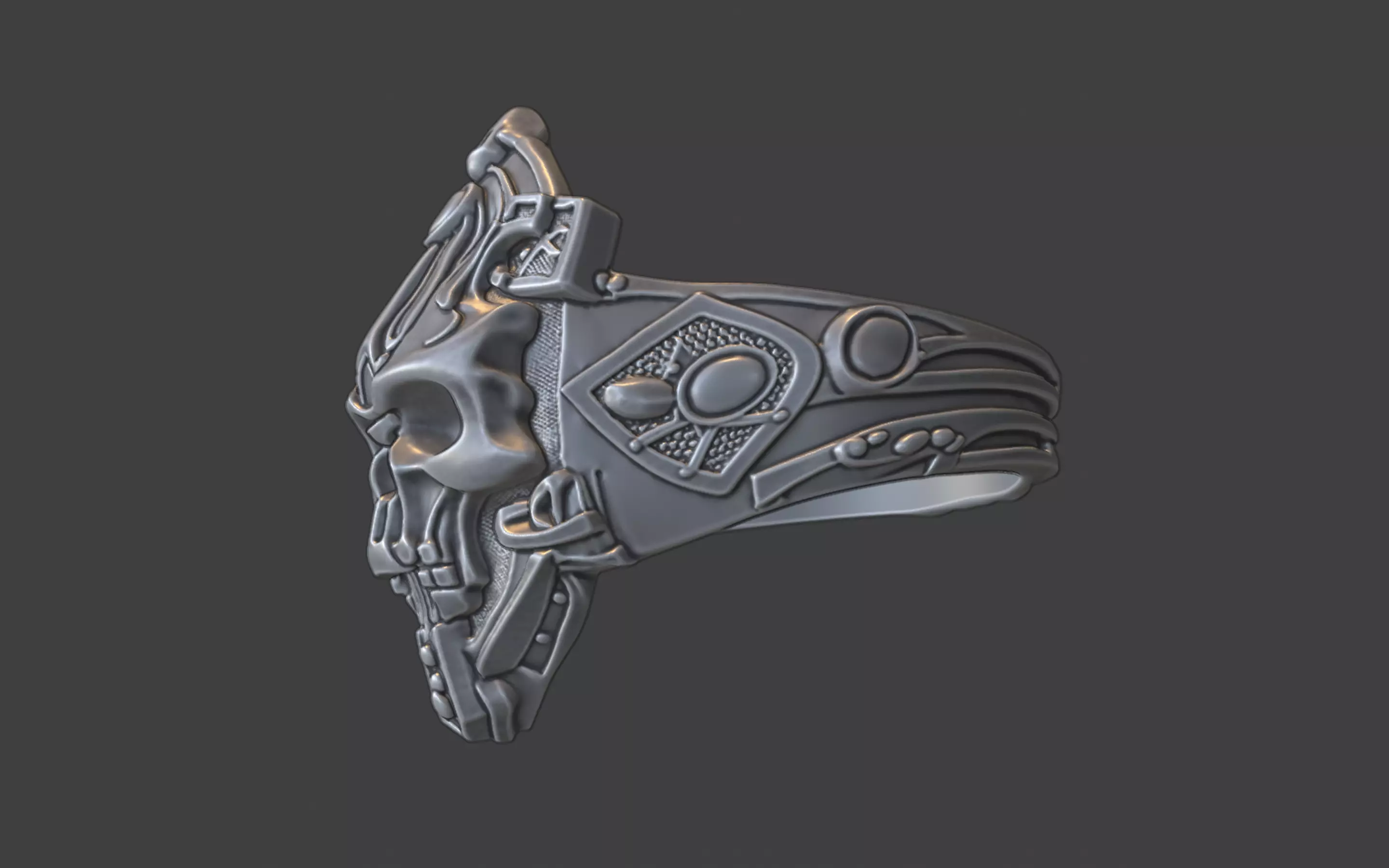 Compact Ornate Silver Human Skull Ring 3D print model_3