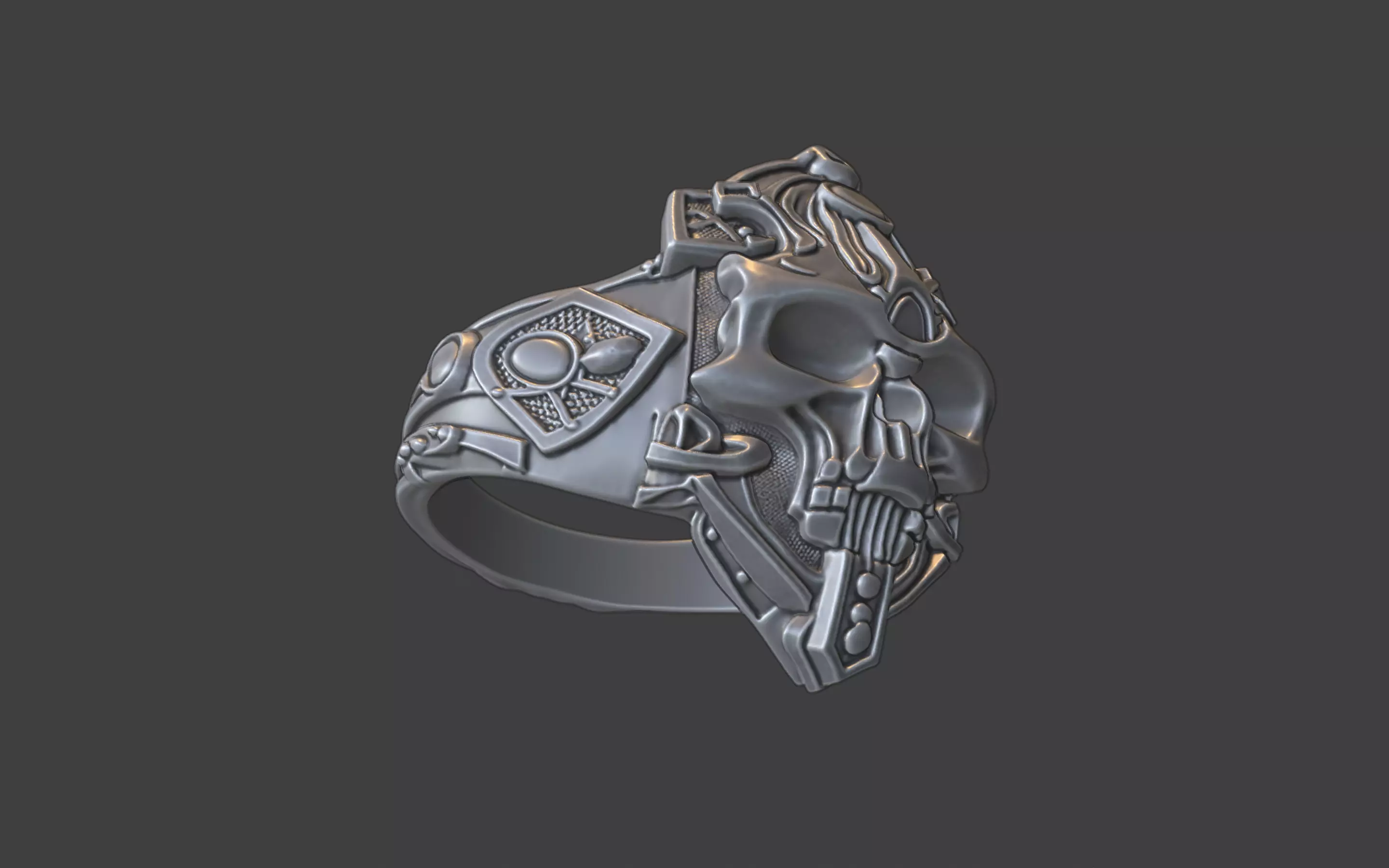 Compact Ornate Silver Human Skull Ring 3D print model_8