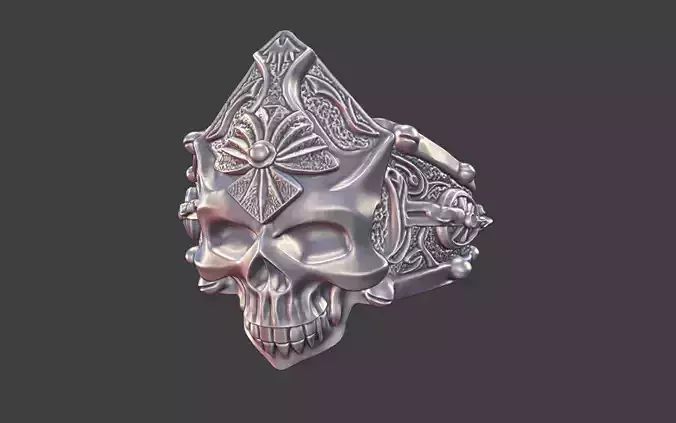 futuristic ornate silver human skull ring
