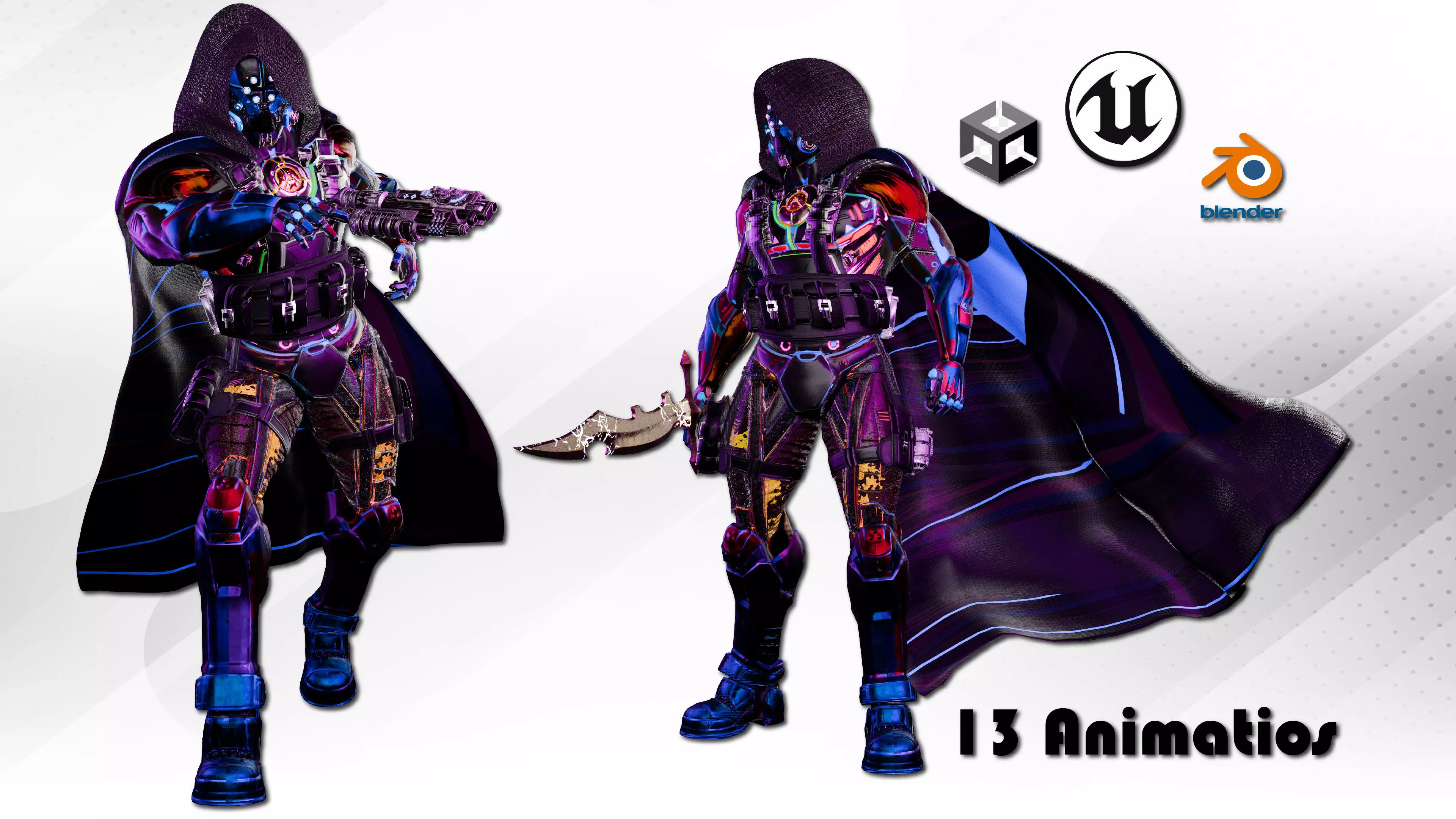 cyberpunk Sci-Fi Soldier with sword and gun Animated Low-poly 3D model