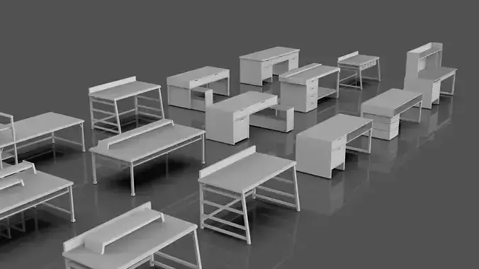 Study Desks And Office Tables Pack - 15 Props - Untextured Low-poly 3D model 3