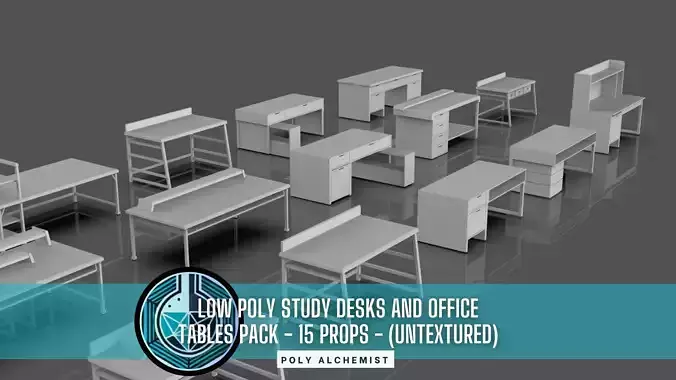 Study Desks And Office Tables Pack - 15 Props - Untextured Low-poly 3D model