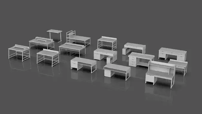 Study Desks And Office Tables Pack - 15 Props - Untextured Low-poly 3D model 2