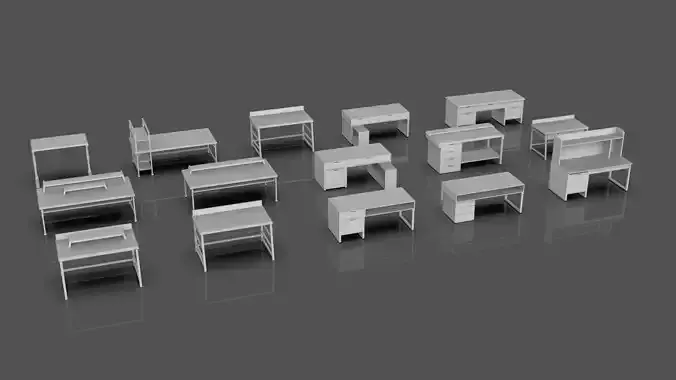 Study Desks And Office Tables Pack - 15 Props - Untextured Low-poly 3D model 4