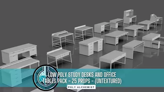 Study Desks And Office Tables Pack - 25 Props - Untextured Low-poly 3D model