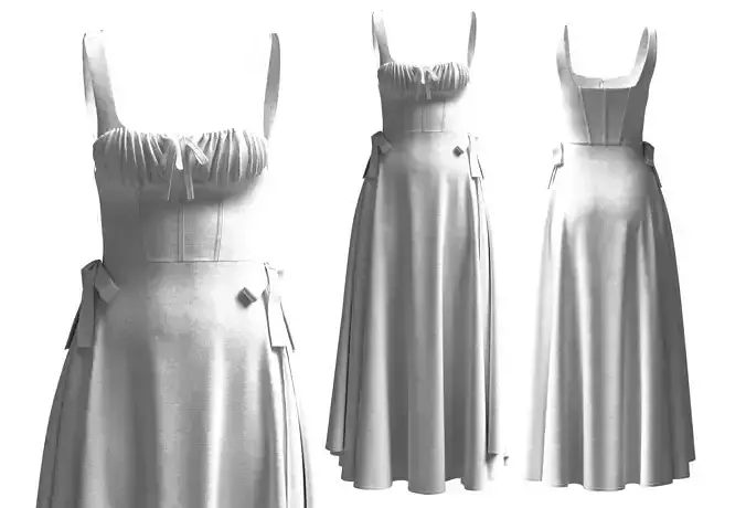 Elegant Cotton Summer Dress with Ribbon Details 3D Model