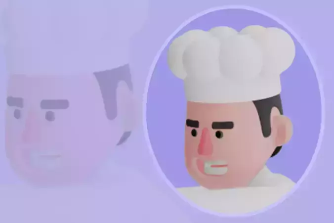 Stylized 3D Male Chef Character-Cartoon Cook Pushing Giant Fries
