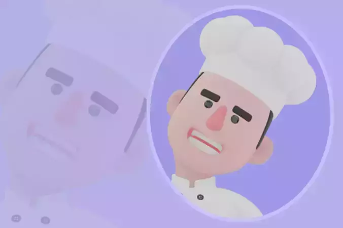Stylized 3D Male Chef Character - Cook Sitting on Giant Burger