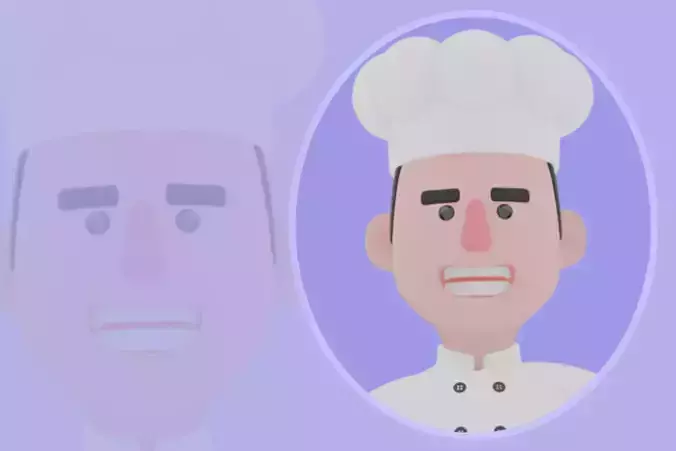 Stylized 3D Male Chef Character - Cartoon Cook Offering Burger
