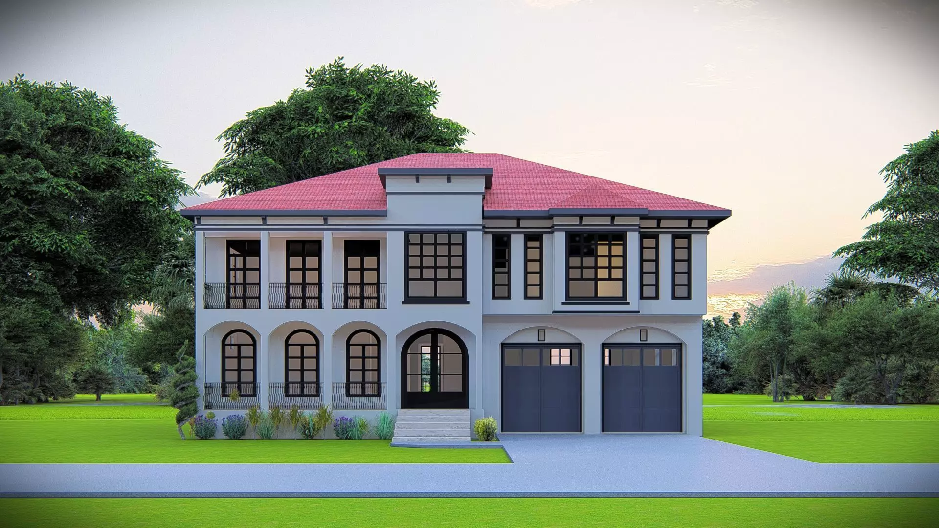 Elegant Mediterranean Style Two-Story Villa with Red Roof 3D model_4
