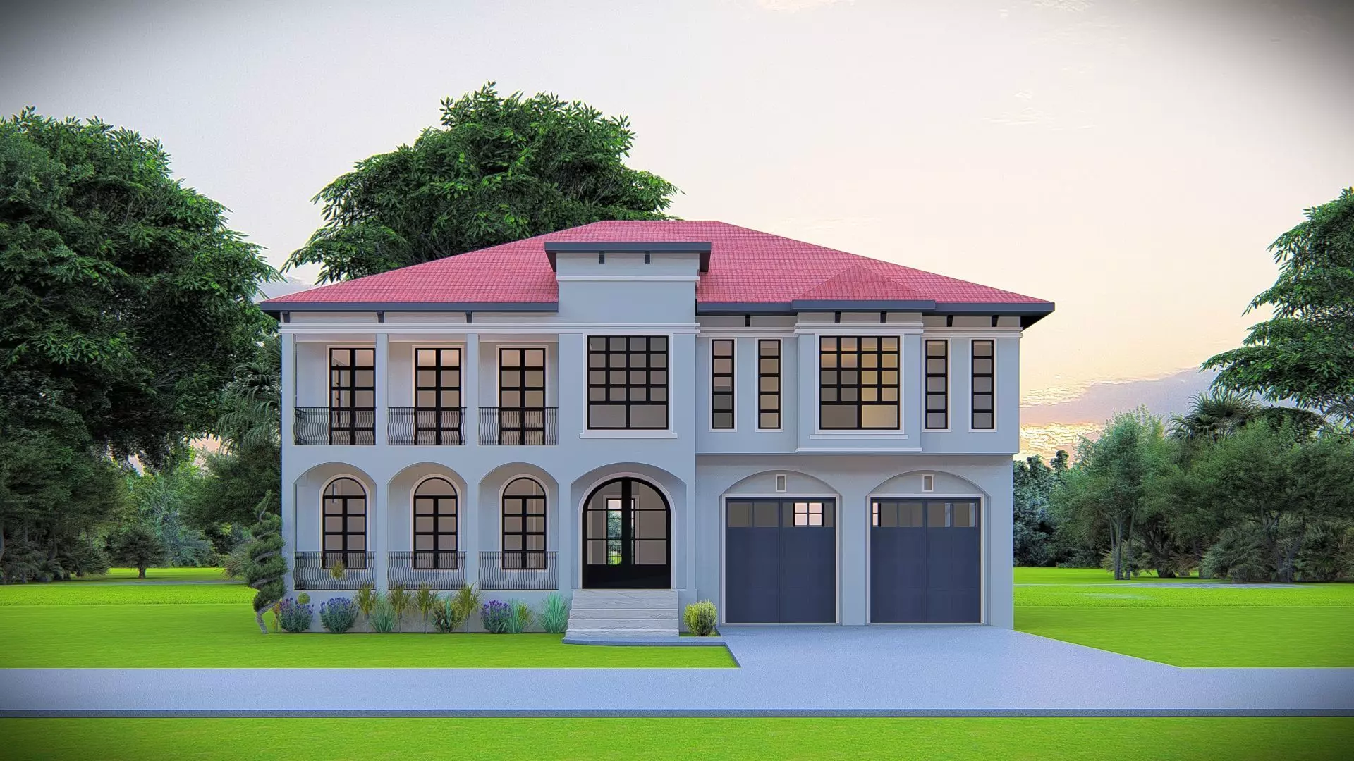Elegant Mediterranean Style Two-Story Villa with Red Roof 3D model_1