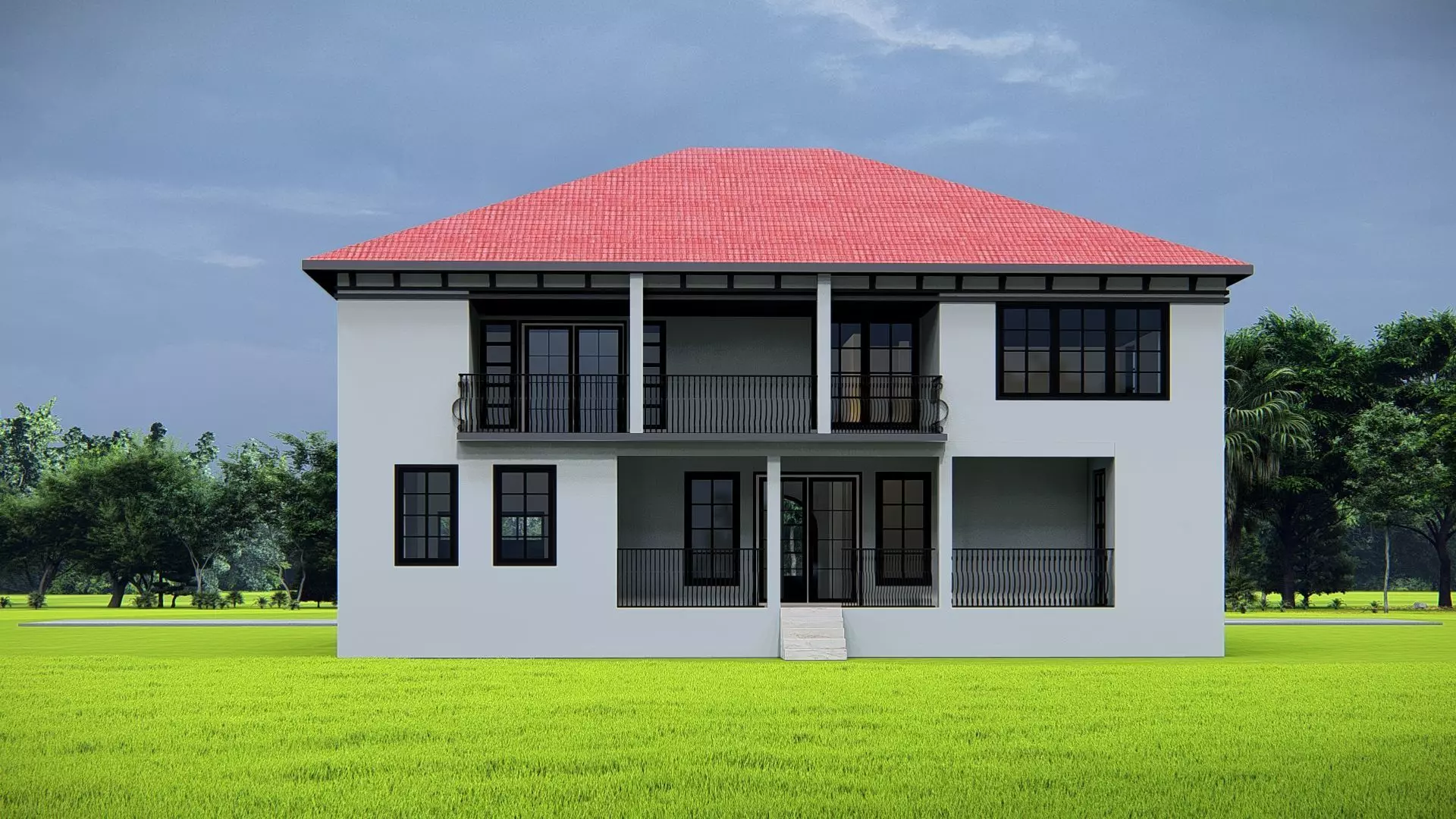 Elegant Mediterranean Style Two-Story Villa with Red Roof 3D model_7