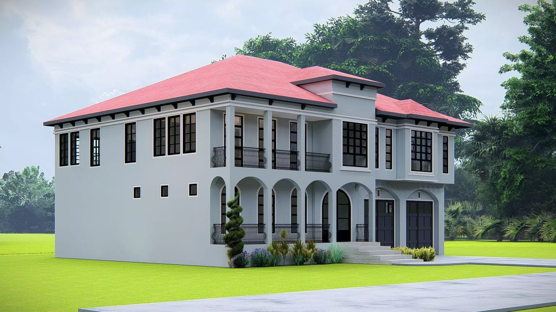 Elegant Mediterranean Style Two-Story Villa with Red Roof 3D model_2