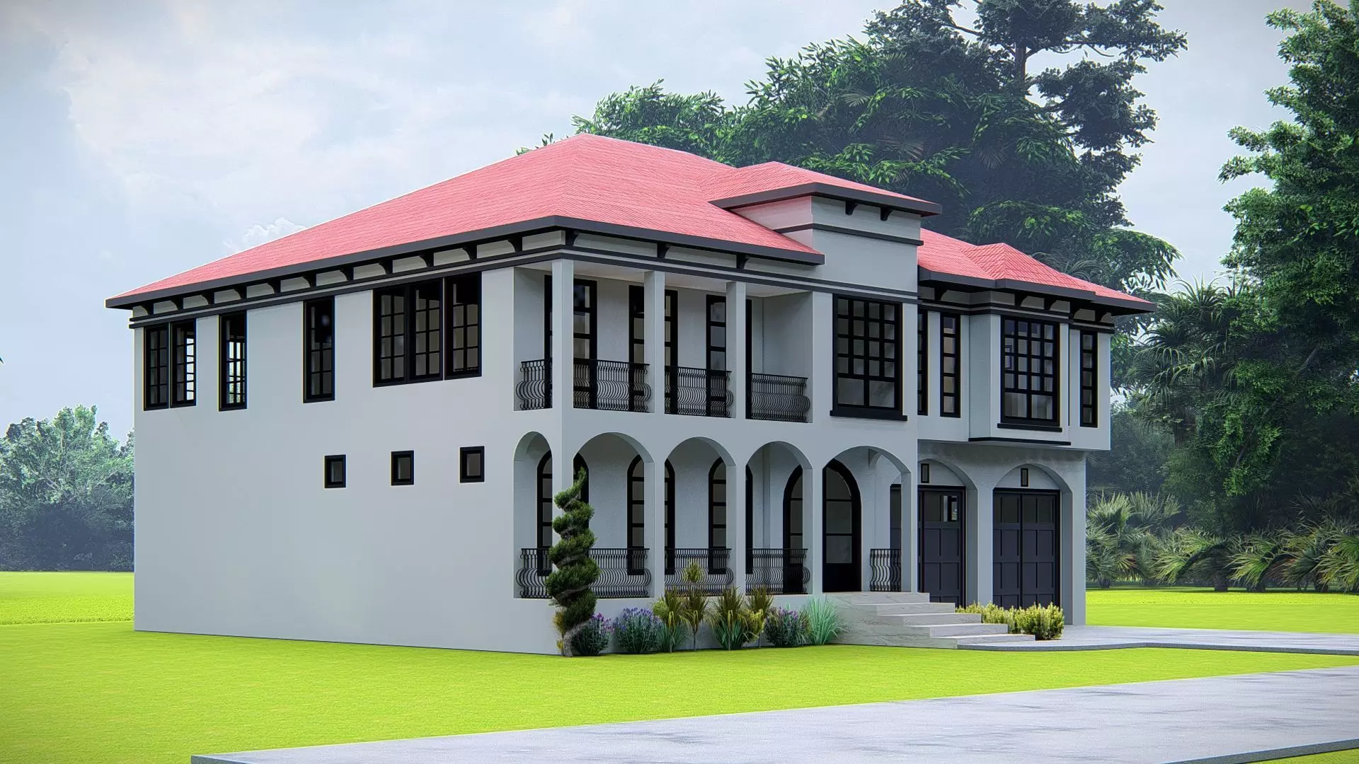 Elegant Mediterranean Style Two-Story Villa with Red Roof 3D model_5
