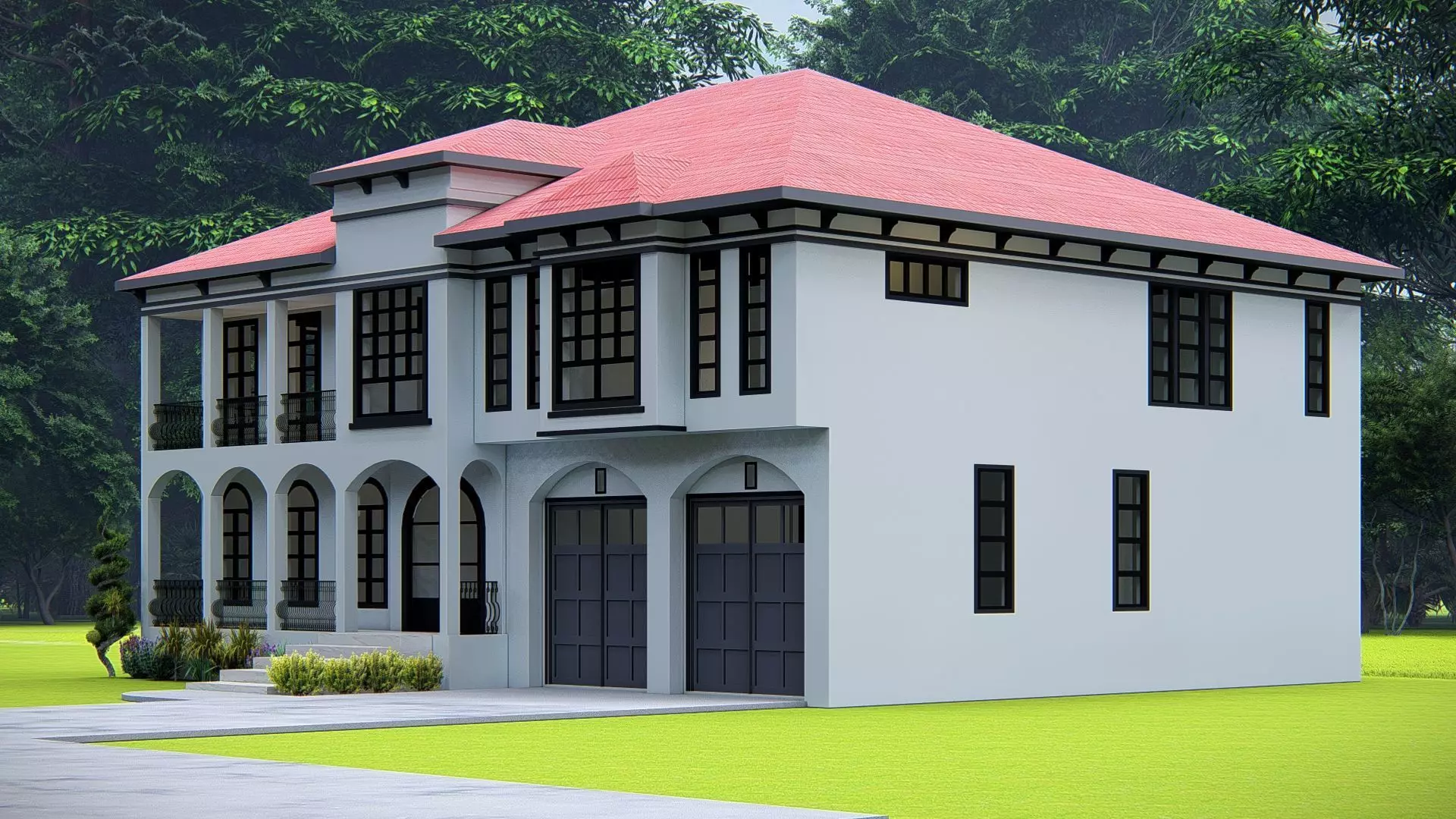 Elegant Mediterranean Style Two-Story Villa with Red Roof 3D model_6