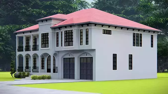 Elegant Mediterranean Style Two-Story Villa with Red Roof 3D model Elegant Mediterranean Style Two-Story Villa with Red Roof 3D model