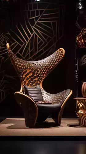 Luxury Wingback Chair Geometric Patterned Armchair Gold Trim 3D