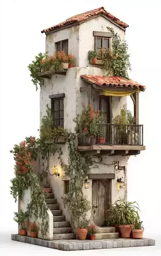 Mediterranean Two Story Villa with Flowers Ivy Game Ready Asset