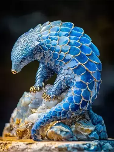 Blue Agate Pangolin Sculpture Gemstone Animal Gold Veins 3D Low-poly 3D model