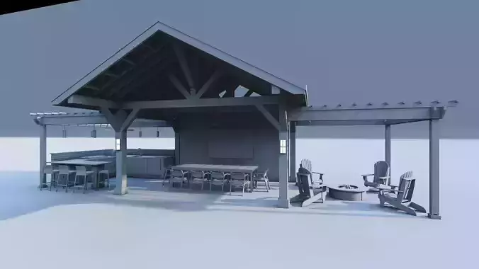 Premium Wood Pergola  Fire Pit Lounge 3D model 2