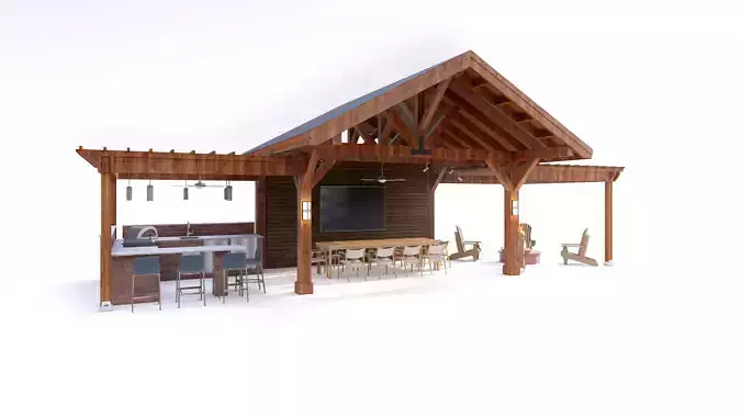 Premium Wood Pergola  Fire Pit Lounge 3D model 4