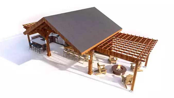 Premium Wood Pergola  Fire Pit Lounge 3D model 3