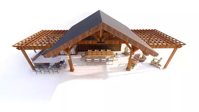 Premium Wood Pergola  Fire Pit Lounge 3D model 5