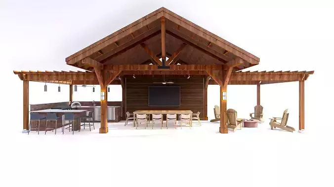 Premium Wood Pergola  Fire Pit Lounge 3D model 7