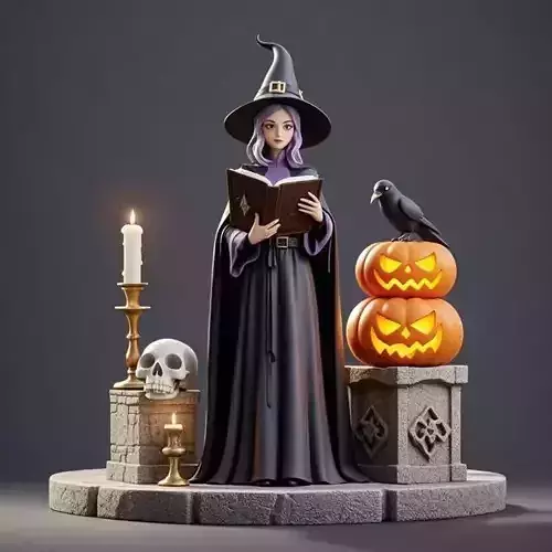 2364Halloween Witch with Skull Raven and Pumpkin