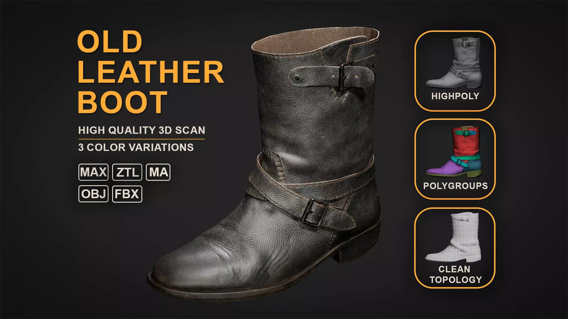 Old leather boot Low-poly 3D model_0