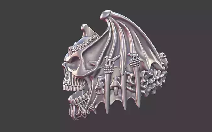 skull bat wing ring rough textured