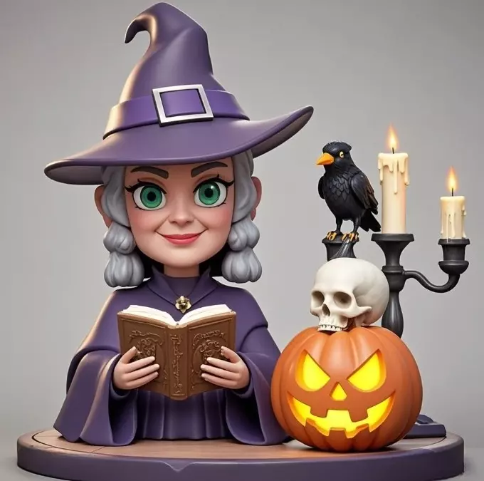 2365Halloween Witch with Spell book Skull Raven 3D print model_5