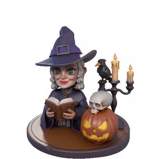 2365Halloween Witch with Spell book Skull Raven 3D print model_35