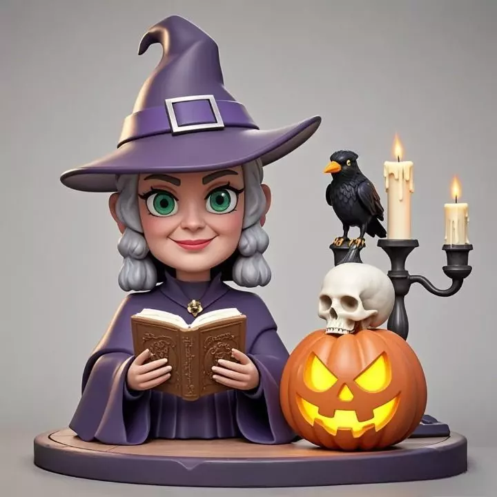 2365Halloween Witch with Spell book Skull Raven 3D print model_0