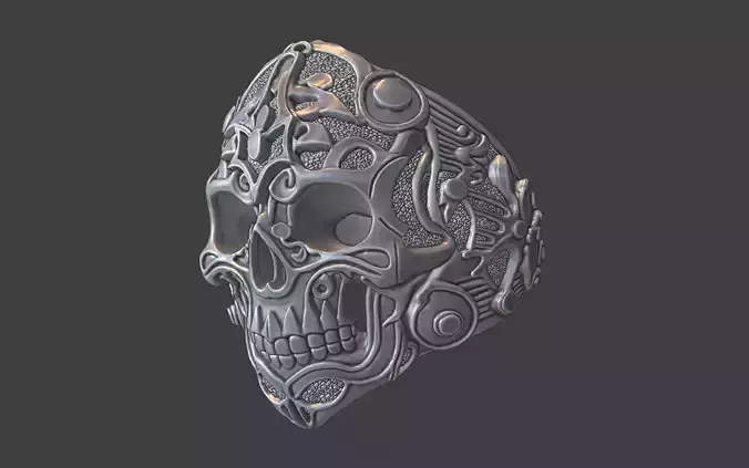futuristic ornatamental silver human skull ring