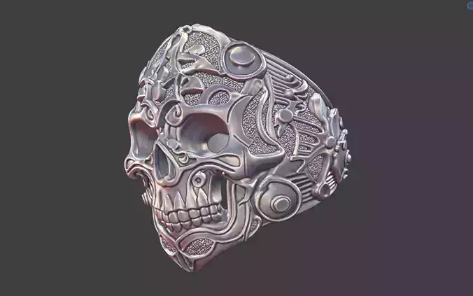 futuristic ornatamental silver human skull ring