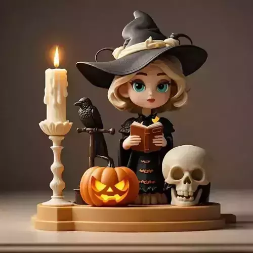 2367 Halloween Witch with  Skull  Raven and Pumpkin
