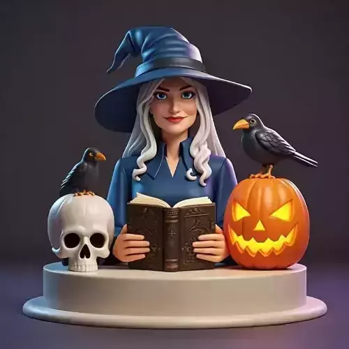 2368Halloween Witch with Skull  Raven and Pumpkin
