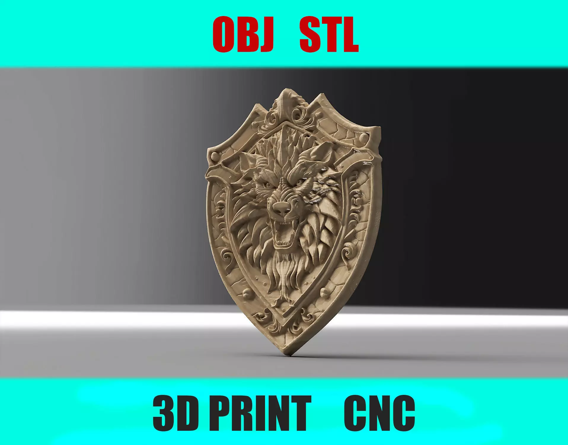 Wolf Shield Relief Decorative Wall Plaque STL OBJ Files 3D print model_0