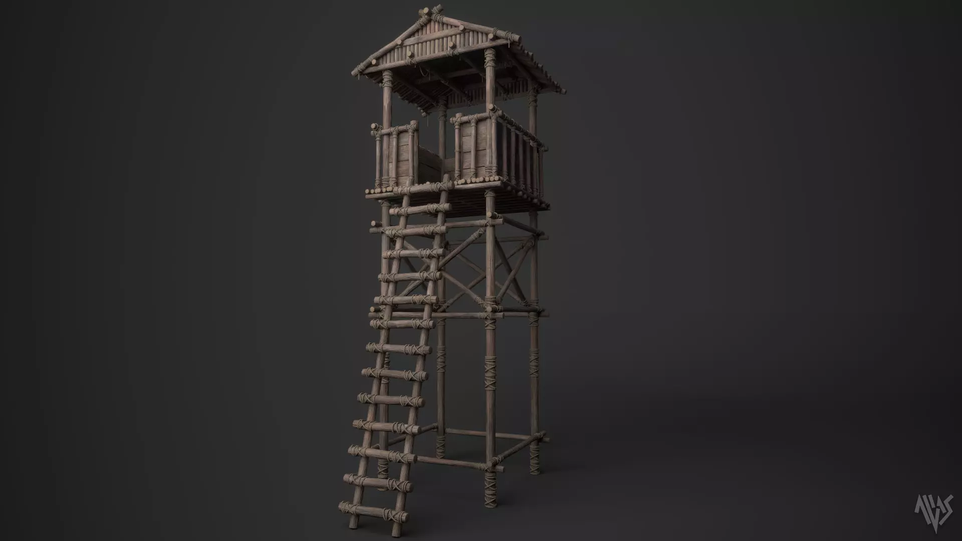 Wooden Watchtower D Low-poly 3D model_0