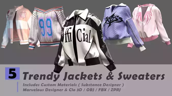 5 Trendy Jackets and Sweaters  ZPRJ  OBJ  FBX  Custom materials