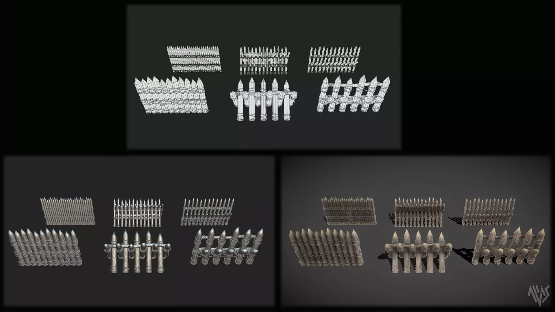 Wooden Barrier Set Low-poly 3D model_5