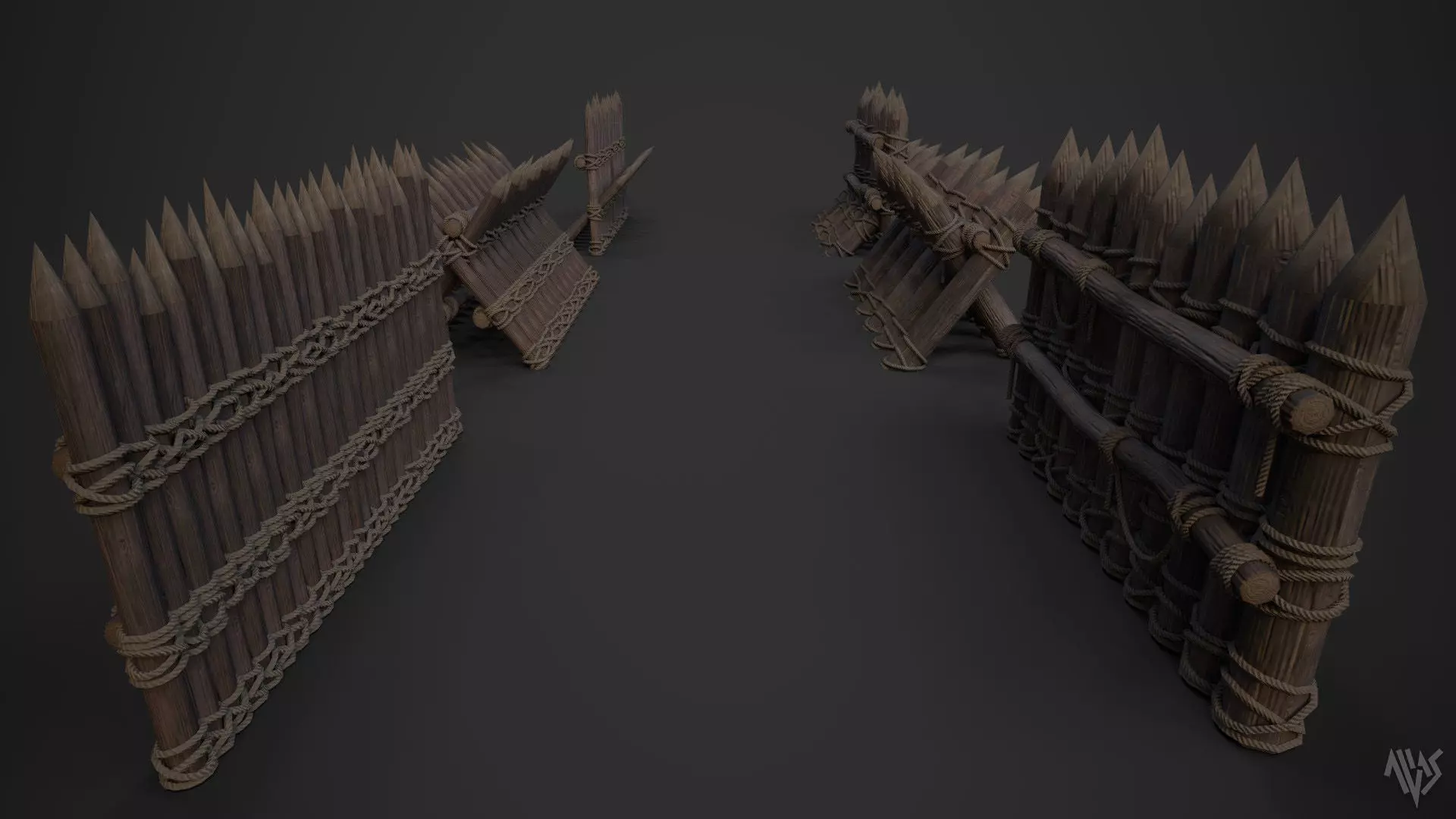Wooden Barrier Set Low-poly 3D model_2