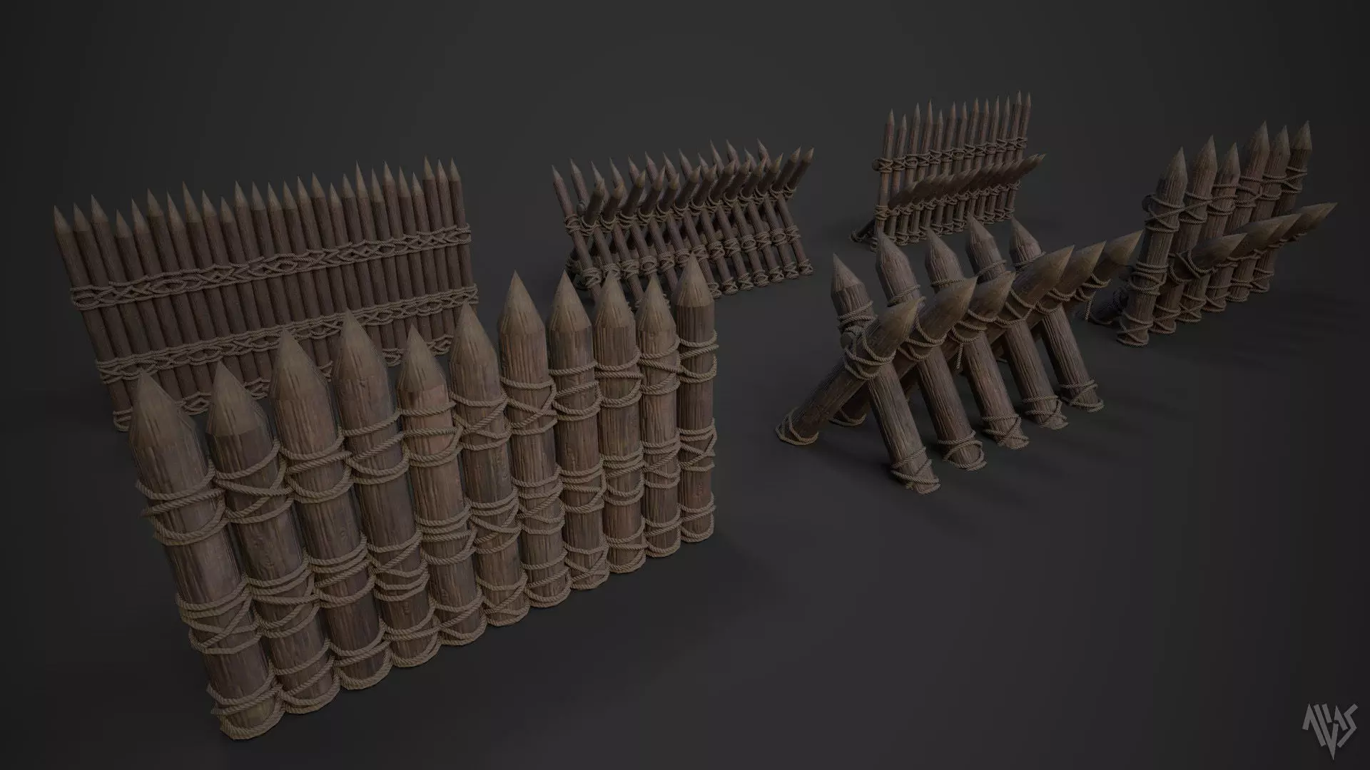 Wooden Barrier Set Low-poly 3D model_1