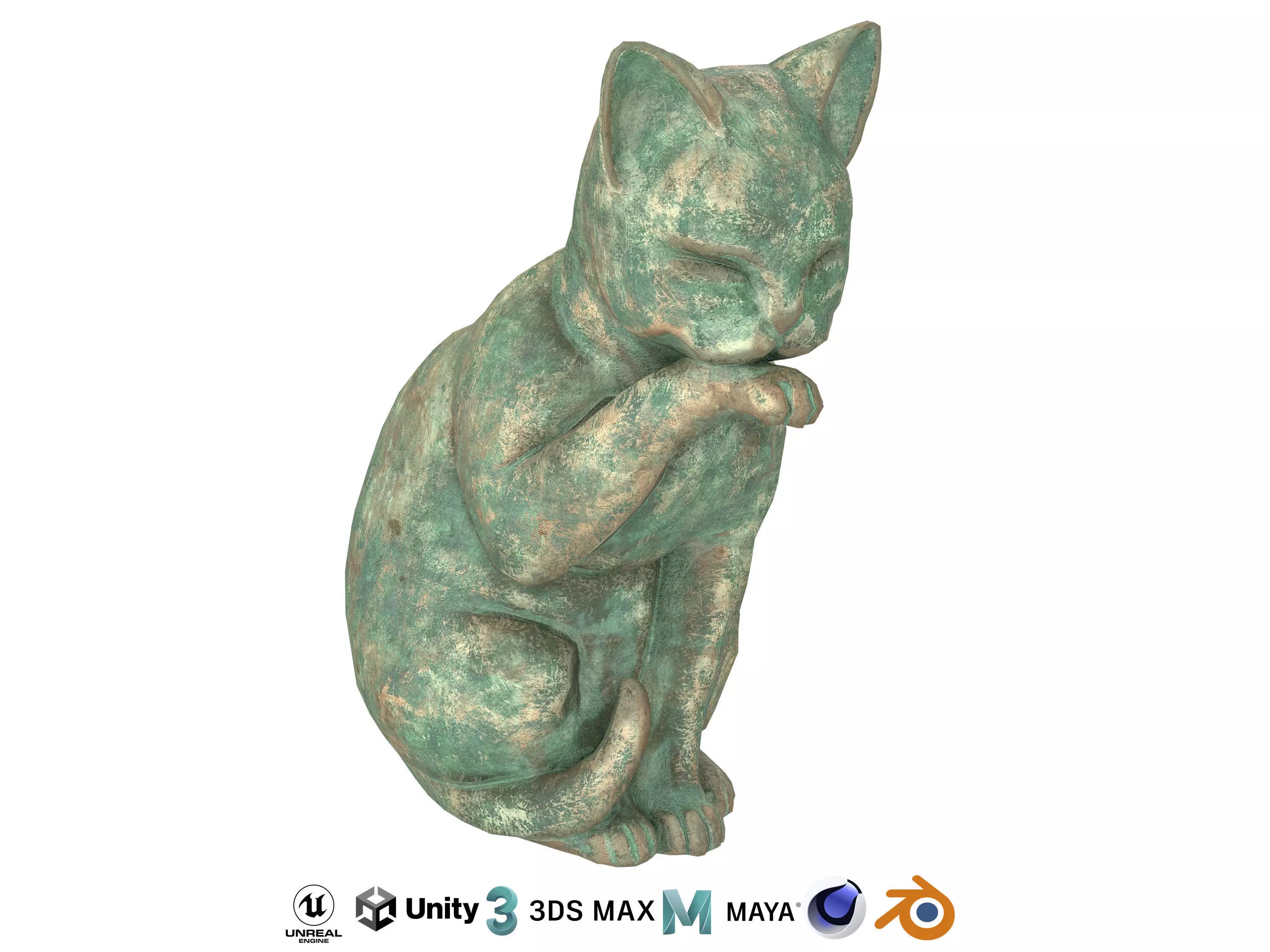 Grooming cat oxydated statue 3D model_0
