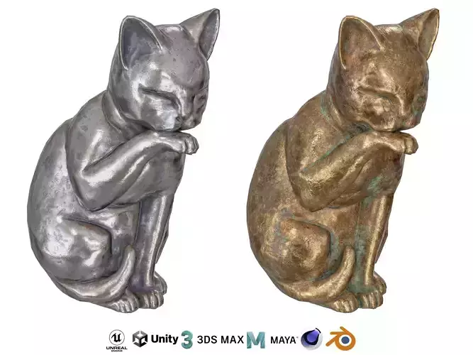 Grooming cat metal statue