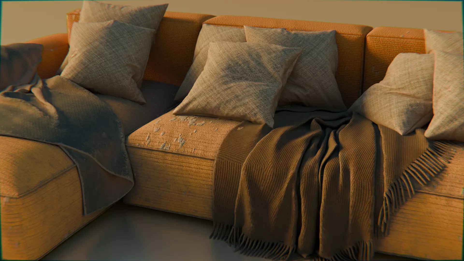 Worn Vintage Fabric Sofa High Poly 3D Model 3D model_11