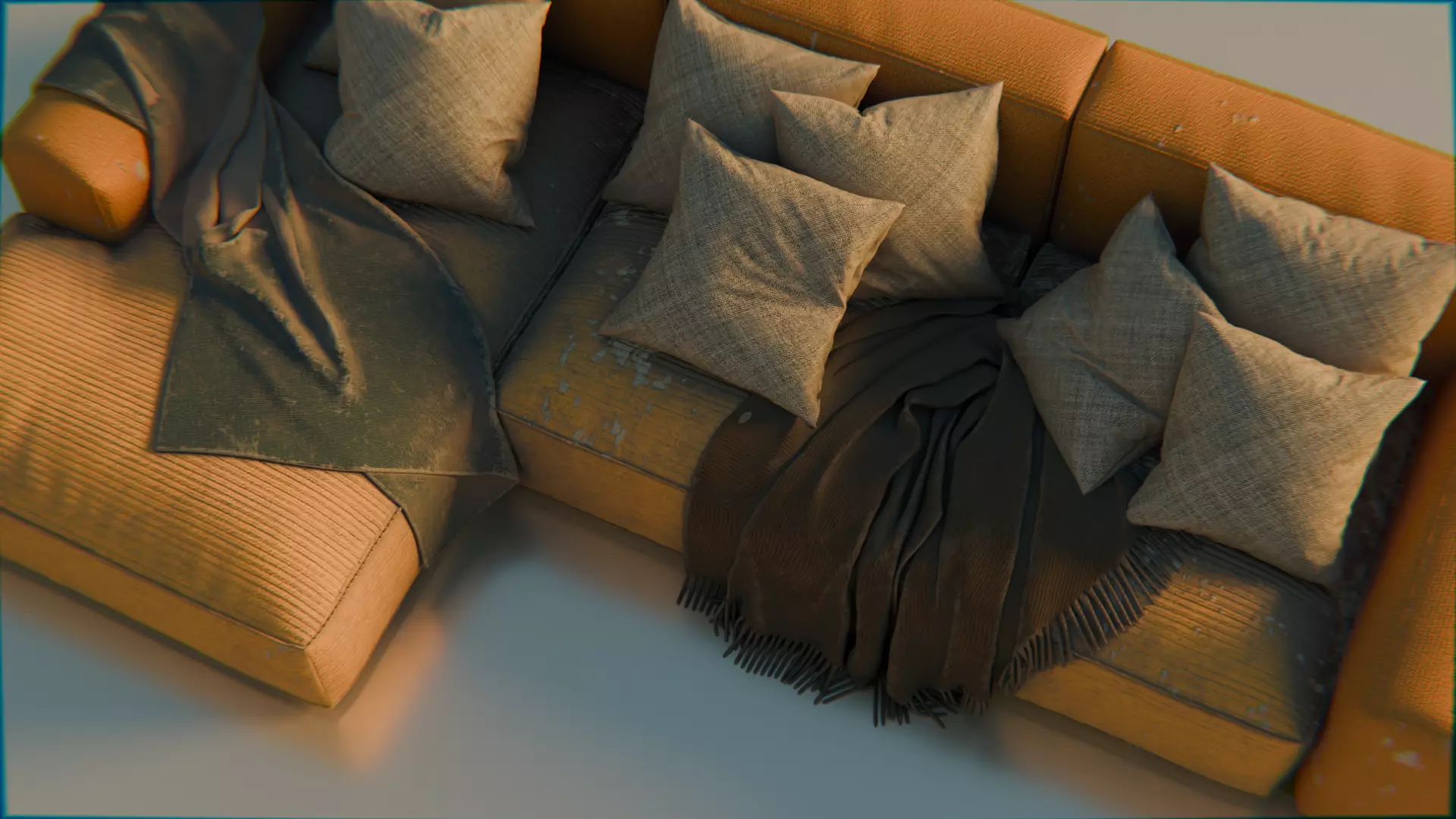 Worn Vintage Fabric Sofa High Poly 3D Model 3D model_10