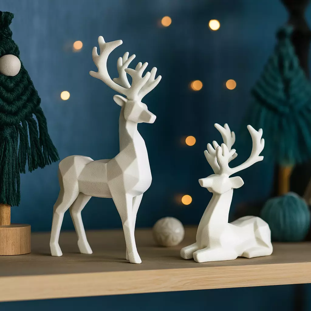 Low Poly Deer Set 2 pcs Christmas Reindeer Figurines Nordic 3D print model_0